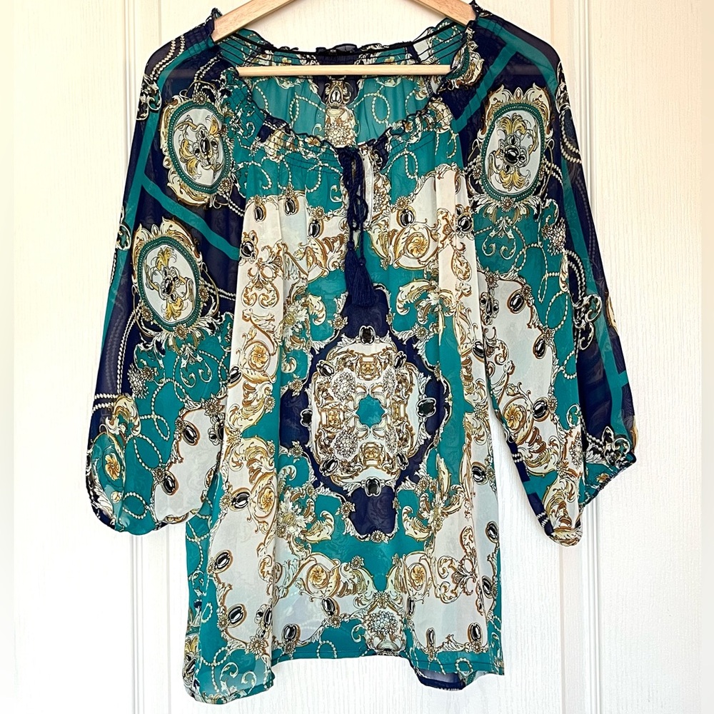 Ispiri Teal & Gold Baroque Chain Print Sheer Peasant Blouse Regencycore Boho, M